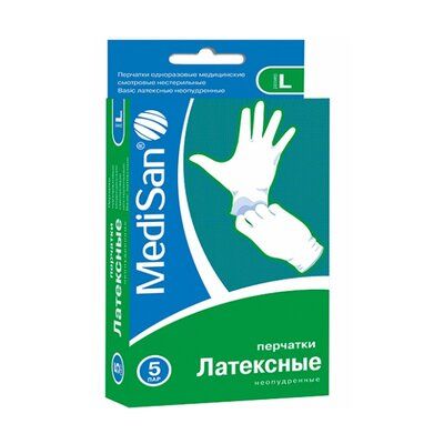 фото упаковки MediSan перчатки смотровые латексные неопудренные